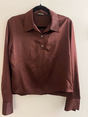 Tahari Silk Long Sleeve Polo Blouse in Brown
